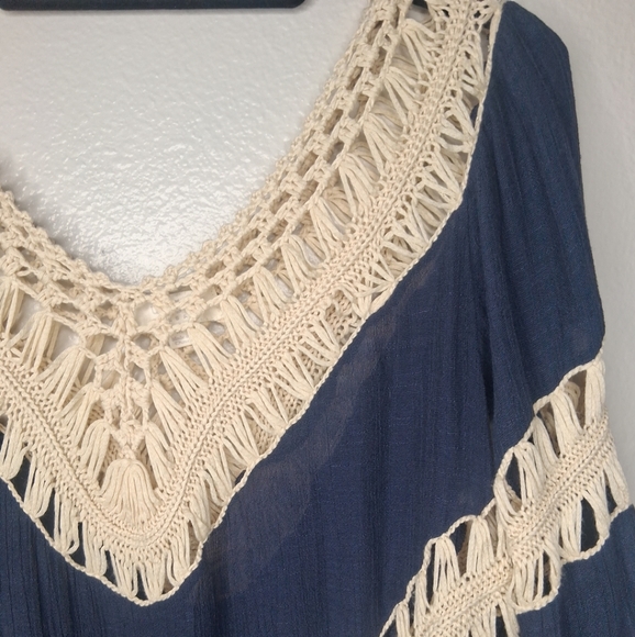 Umgee Navy Cream Crochet Gypsy Boho Coachella Chic Tunic Blouse Long Sleeve M - Picture 9 of 16